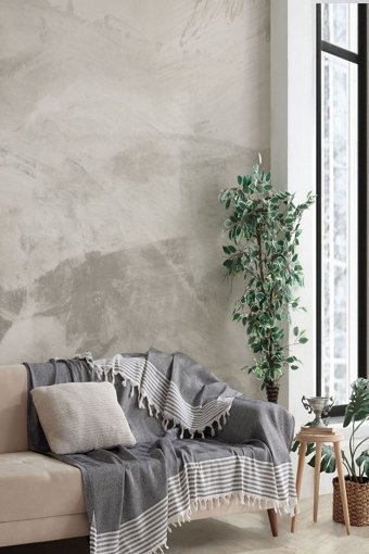 Miracolo Home Pamuklu Püsküllü Süngersiz Çizgili Siyah Tekli Koltuk Örtüsü 170x210 cm