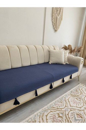 Tekstilsepetim Pamuklu Polar Püsküllü Süngersiz Düz Lacivert Tekli Koltuk Örtüsü 90x220 cm