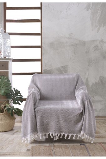 Ladynil Pamuklu Saçaklı Süngersiz Çizgili Kahverengi Tekli Koltuk Örtüsü 160x160 cm