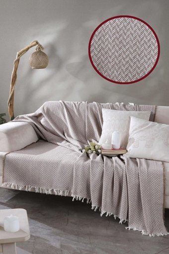 Ladynil Pamuklu Saçaklı Süngersiz Çizgili Bej Tekli Koltuk Örtüsü 170x200 cm