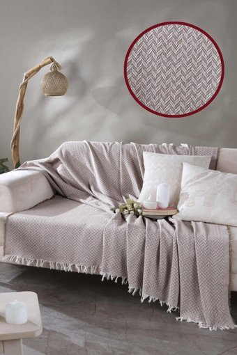 Ladynil Pamuklu Saçaklı Süngersiz Çizgili Bej Tekli Koltuk Örtüsü 170x200 cm