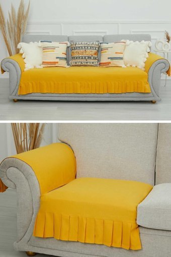 Aisha's Design KTK-6 Polyester Örgü Pileli Süngersiz Düz Sarı Dörtlü Koltuk Örtüsü 34x48 cm