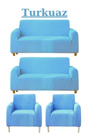 Uytm Polyester Bürümcük-Likralı Süngerli Çizgili Giydirmeli Turkuaz Dörtlü Koltuk Örtüsü 180x230 cm