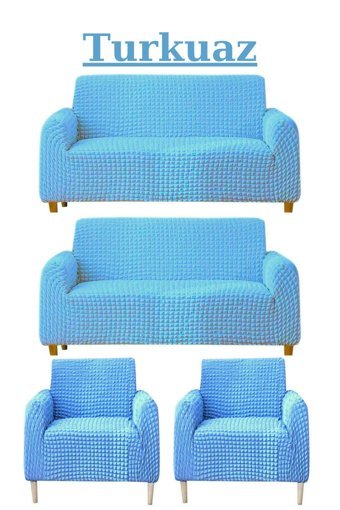 Uytm Polyester Bürümcük-Likralı Süngerli Çizgili Giydirmeli Turkuaz Dörtlü Koltuk Örtüsü 180x230 cm