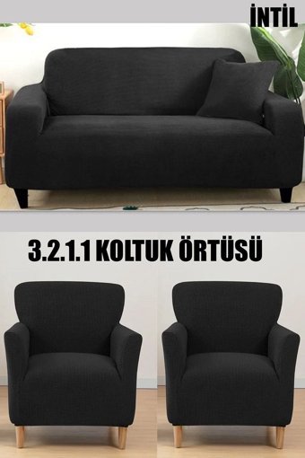İntil Pamuklu - Polyester Likralı Süngersiz Kareli Giydirmeli Gri 3-2-1-1 Koltuk Örtüsü 180x230 cm