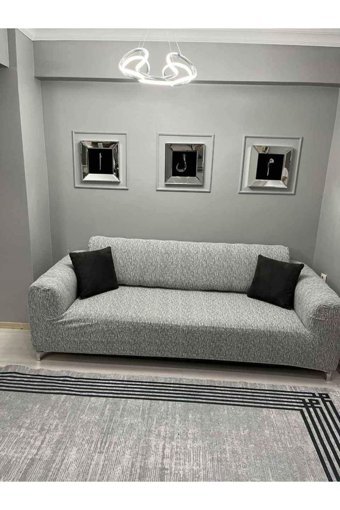 Tuchmall Pamuklu - Polyester Likralı Jakarlı Süngerli Çizgili Giydirmeli Su Geçirmez Bej Tekli Koltuk Örtüsü 180x230 cm