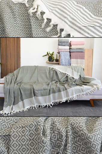 Mutlu Çeyiz Diamond Pamuklu Püsküllü Süngersiz Çizgili Haki Tekli Koltuk Örtüsü 180x300 cm