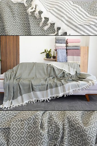 Mutlu Çeyiz Diamond Pamuklu Püsküllü Süngersiz Çizgili Haki Tekli Koltuk Örtüsü 180x300 cm