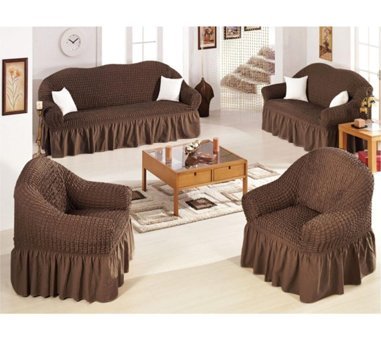 Nurlan Pamuklu - Polyester Bürümcük Fırfırlı Süngersiz Kareli Giydirmeli Kahverengi Dörtlü Koltuk Örtüsü 180x230 cm