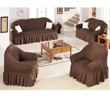Nurlan Pamuklu - Polyester Bürümcük Fırfırlı Süngersiz Kareli Giydirmeli Kahverengi Dörtlü Koltuk Örtüsü 180x230 cm