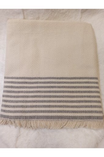 Şener Home Pamuklu Polar Saçaklı Süngersiz Çizgili Bej Tekli Koltuk Örtüsü 170x220 cm