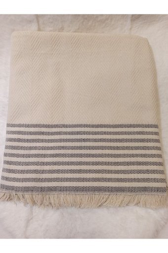 Şener Home Pamuklu Polar Saçaklı Süngersiz Çizgili Bej Tekli Koltuk Örtüsü 170x220 cm