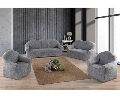 Uzhanem Pamuklu - Polyester Likralı Jakarlı Süngerli Çizgili Giydirmeli Gri Dörtlü Koltuk Örtüsü 183x230 cm
