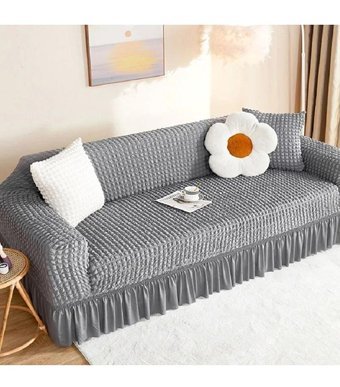 Özmakan Pamuklu - Polyester Bürümcük Jakarlı Süngersiz Düz Giydirmeli Gri Üçlü Koltuk Örtüsü 180x230 cm