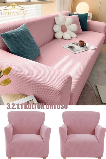 Uzhanem Pamuklu - Polyester Bürümcük-Likralı Süngerli Petek Desenli Giydirmeli Pembe Dörtlü Koltuk Örtüsü 183x230 cm