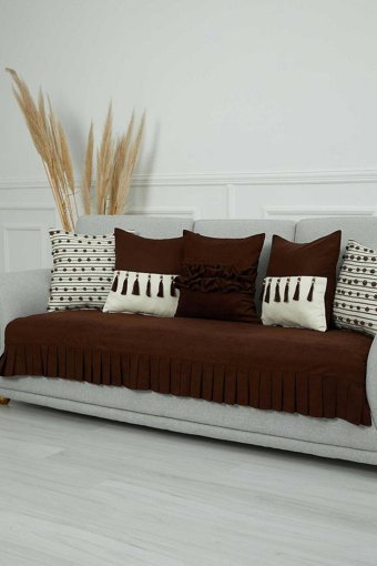 Aisha's Design KO-29 Polyester Örgü Pileli Süngersiz Düz Kahverengi Tekli Koltuk Örtüsü 90x210 cm