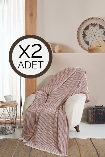 Lux Touch Vera Pamuklu Saçaklı Süngersiz Geometrik Desenli Kiremit İkili Koltuk Örtüsü 150x200 cm