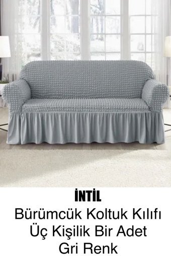 İntil Pamuklu - Polyester Bürümcük Fırfırlı Süngersiz Kapitone Giydirmeli Gri Üçlü Koltuk Örtüsü 183x230 cm