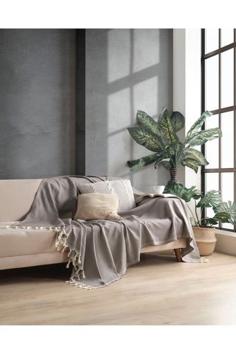 Botex Pamuklu Püsküllü Süngersiz Düz Kahverengi Tekli Koltuk Örtüsü 170x230 cm