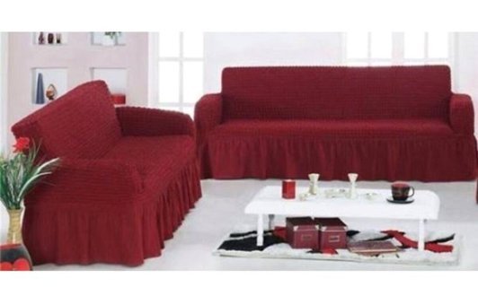Gerbera Home Collection Pamuklu - Polyester Bürümcük Fırfırlı Süngersiz Kapitone Giydirmeli Bordo İkili Koltuk Örtüsü 180x230 cm