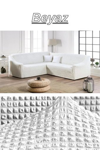 Uytm Polyester Bürümcük-Likralı Süngerli Çizgili Giydirmeli Beyaz Tekli Koltuk Örtüsü 400x550 cm