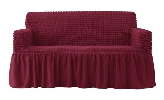 Ak Lale Polyester Bürümcük-Likralı Fırfırlı Süngersiz Giydirmeli Lastikli Bordo İkili Koltuk Örtüsü 150x195 cm