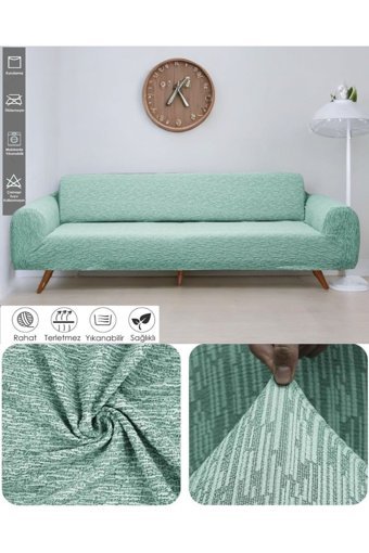 Seltenet Jakarlı Süngerli Çizgili Giydirmeli Yeşil Tekli Koltuk Örtüsü 180x230 cm