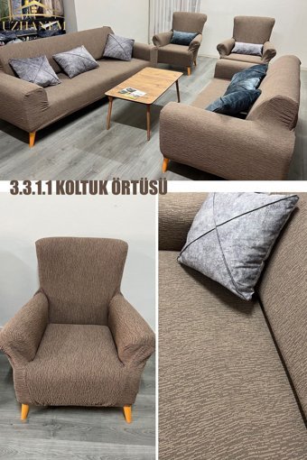 Uzhanem Pamuklu - Polyester Likralı Jakarlı Süngerli Çizgili Giydirmeli Kahverengi Dörtlü Koltuk Örtüsü 180x230 cm