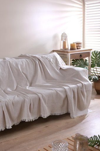 Zeynep Tekstil York Pamuklu Polar Saçaklı Süngersiz Çizgili Bej Tekli Koltuk Örtüsü 170x210 cm