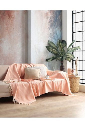 Botex Pamuklu Püsküllü Süngersiz Düz Pembe Tekli Koltuk Örtüsü 170x230 cm