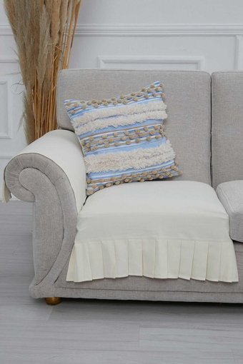 Aisha's Design KTK-3 Polyester Örgü Pileli Süngersiz Düz Ekru Üçlü Koltuk Örtüsü 34x48 cm