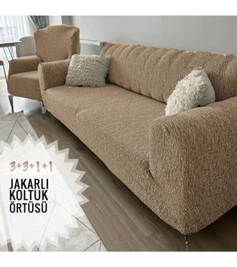 Tuchmall Likralı Jakarlı Süngerli Çizgili Giydirmeli Kahverengi Dörtlü Koltuk Örtüsü 180x230 cm