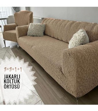 Tuchmall Likralı Jakarlı Süngerli Çizgili Giydirmeli Kahverengi Dörtlü Koltuk Örtüsü 180x230 cm
