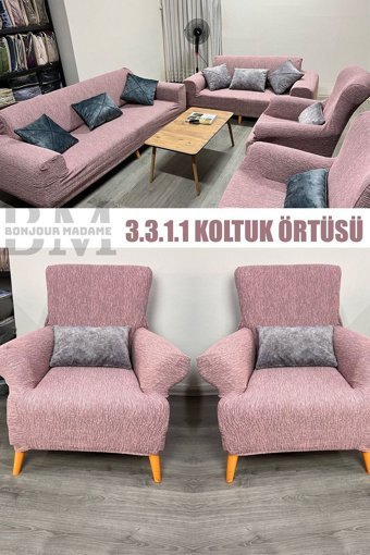 Bonjourmadame Polyester Süngersiz Çizgili Giydirmeli Lastikli Pembe Dörtlü Koltuk Örtüsü 180x230 cm