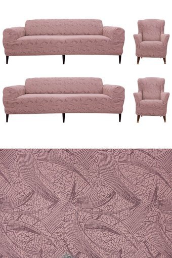 Tuchmall Polyester Likralı Jakarlı Süngerli Kamuflaj Desenli Giydirmeli Pembe Dörtlü Koltuk Örtüsü 180x230 cm