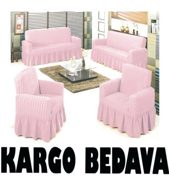 Altın Kelebek Pamuklu - Polyester Bürümcük Fırfırlı Süngersiz Giydirmeli Lastikli Pembe Dörtlü Koltuk Örtüsü 180x230 cm