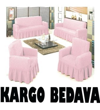 Altın Kelebek Pamuklu - Polyester Bürümcük Fırfırlı Süngersiz Giydirmeli Lastikli Pembe Dörtlü Koltuk Örtüsü 180x230 cm