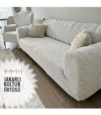 Tuchmall Likralı Jakarlı Süngerli Çizgili Giydirmeli Gri Dörtlü Koltuk Örtüsü 180x230 cm