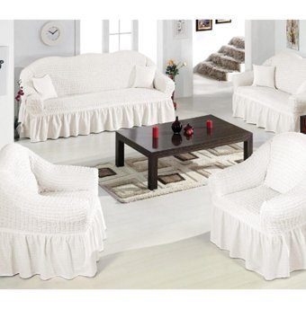 Karçiçeği Polyester Bürümcük Fırfırlı Süngersiz Kareli Giydirmeli Beyaz Dörtlü Koltuk Örtüsü