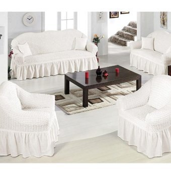 Karçiçeği Polyester Bürümcük Fırfırlı Süngersiz Kareli Giydirmeli Beyaz Dörtlü Koltuk Örtüsü