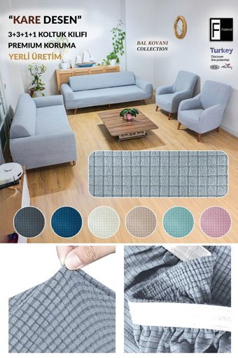 Faiend Polyester Likralı Süngersiz Düz Giydirmeli Mavi 3-3-1-1 Koltuk Örtüsü 180x220 cm