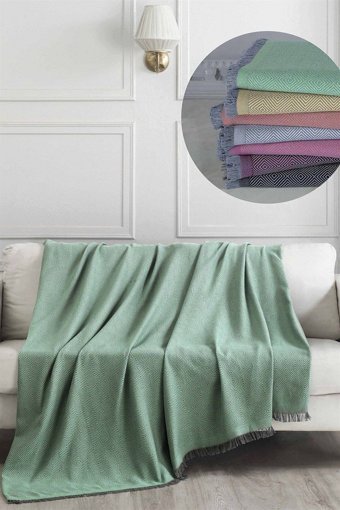 Denizli Concept Pamuklu - Polyester Kanvas Saçaklı Süngersiz Armürlü Yeşil Üçlü Koltuk Örtüsü 175x230 cm