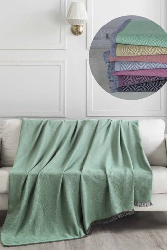 Denizli Concept Pamuklu - Polyester Kanvas Saçaklı Süngersiz Armürlü Yeşil Üçlü Koltuk Örtüsü 175x230 cm