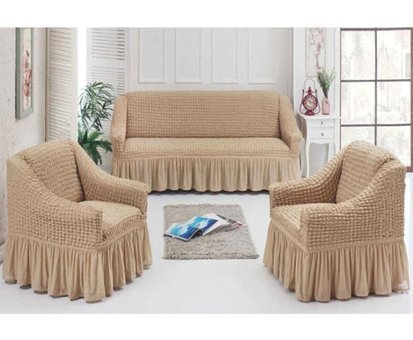Kırören Polyester Bürümcük Fırfırlı Süngersiz Çizgili Giydirmeli Bej Üçlü Koltuk Örtüsü 150x195 cm