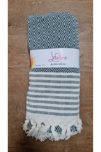 Life Line Pamuklu Saçaklı Süngersiz Çizgili Yeşil Tekli Koltuk Örtüsü 170x220 cm