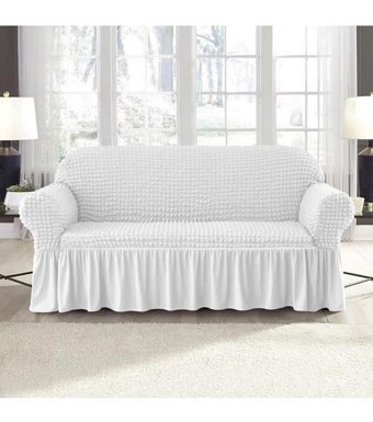 Uy Style Tekstil Polyester Bürümcük-Likralı Drapeli Süngerli Düz Giydirmeli Beyaz Tekli Koltuk Örtüsü 180x230 cm