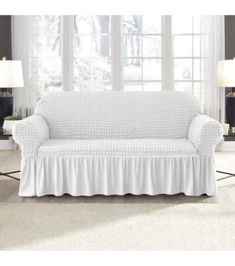 Uy Style Tekstil Polyester Bürümcük-Likralı Drapeli Süngerli Düz Giydirmeli Beyaz Tekli Koltuk Örtüsü 180x230 cm