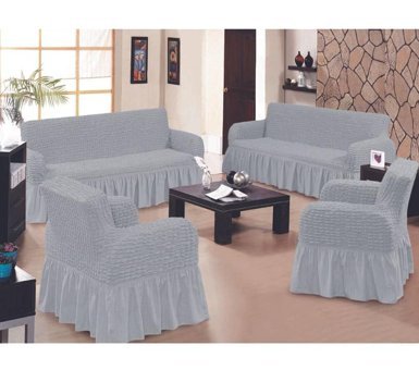 Güliz Collection Pamuklu - Polyester Bürümcük Fırfırlı Süngersiz Kapitone Giydirmeli Gri Tekli Koltuk Örtüsü