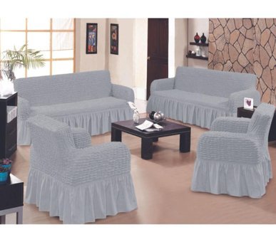 Güliz Collection Pamuklu - Polyester Bürümcük Fırfırlı Süngersiz Kapitone Giydirmeli Gri Tekli Koltuk Örtüsü