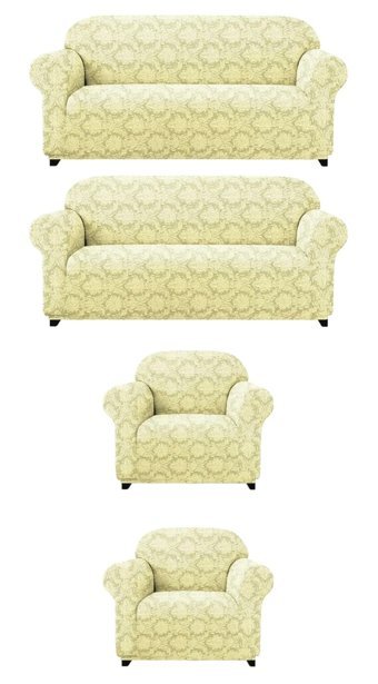 Uytm Likralı Jakarlı Süngerli Çiçek Desenli Giydirmeli Bej Dörtlü Koltuk Örtüsü 180x230 cm